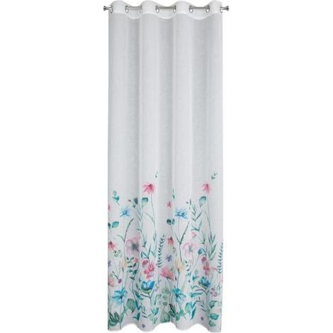 Vorhang 140x250 Lilian, weiß und blau, aus halbtransparentem Käsetuch mit pinselgemaltem Blumendruck, fertig mit Eurofirany-Ösen