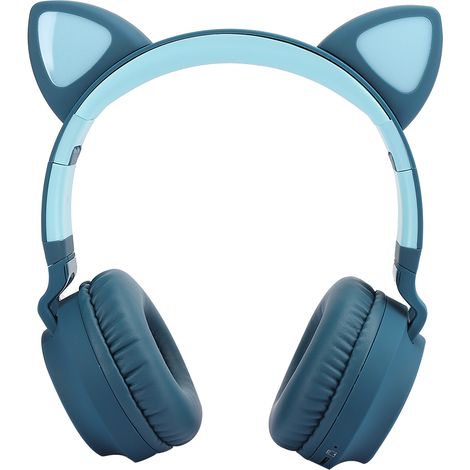 Casque Bluetooth 5.0 oreilles de chat avec LED, réduction de bruit, design mignon pour enfants et adolescents, compatible carte mémoire, bleu (1/5)