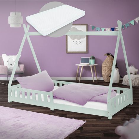 ML-Design Cama Infantil Tipi Verde Menta + Colchón 200x90 cm Protección Anticaída y Somier Estructura Listones de Madera Maciza de Pino para Niño Forma de Casa Cuna Juvenil Reja Juego Lecho de Suelo (1/5)