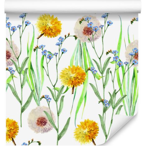 Papel pintado de dientes de león y flores silvestres para salón y dormitorio, 50x1000 cm. (1/5)