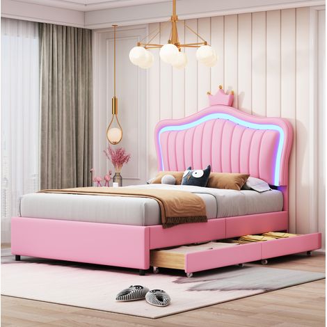DESVIAE Lit enfant rembourré 90 x 200 cm avec tête de lit coquillage et couronne rose LED rangement et structure en bois (1/5)