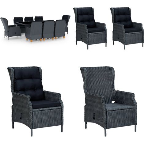Set Pranzo da Giardino 9 pz con Cuscini Polyrattan Grigio Scuro - Sedie reclinabili - Tavolo da pranzo esterno