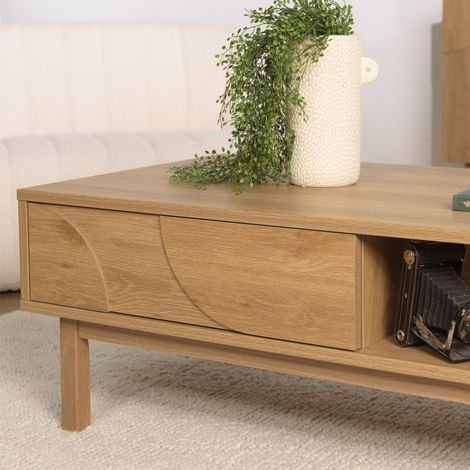 ETHAN - Table basse couleur naturelle 2 tiroirs 2 niches décor motif arrondi (1/5)