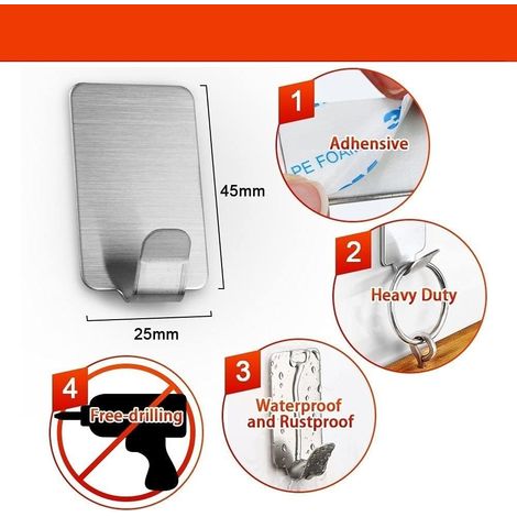Lot de 8 crochets adhésifs, crochets pour peignoir, porte-serviettes, crochets auto-adhésifs, porte-serviettes en acier inoxydable, crochets muraux pour salle de bain. (1/4)