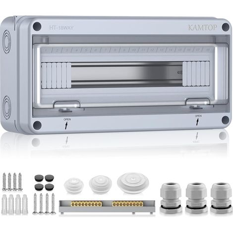 Coffret Électrique Étanche 18 Modules - Tableau Electrique 1 Rangées Étanche IP65, Couvercle PC Transparent, Rail DIN Préinstallé, ABS Antichoc pour Garage, Jardin, Accessoires de Montage Inclus (1/5)