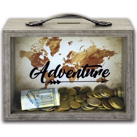 Tirelire - Adventure - Mappemonde - Bois - Vintage - 6,5x21 cm (1/2)
