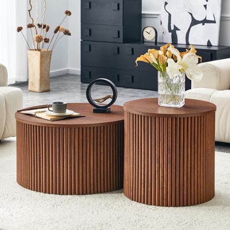 2-teiliges Nesting Couchtisch Set, römische Säule Design MDF Runde Tische mit eingebauter Lagerung, Walnussholz Korn Beistelltische für Wohnzimmer Schlafzimmer (1/5)