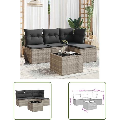 The Living Store 5-tlg. Garten-Sofagarnitur mit Kissen Hellgrau Poly Rattan - Gartenmöbel Set - PE-Rattan Möbel - Outdoor Sofa - Esstisch - Lounge Set (1/3)