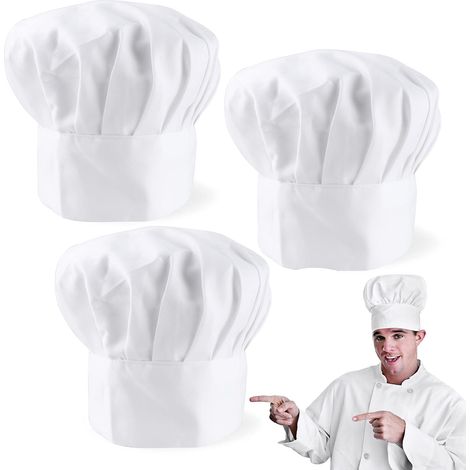 Set di 3 cappelli da chef unisex, cappello da cucina bianco in policotone con elastico regolabile per casa, ristorante, catering (1/5)