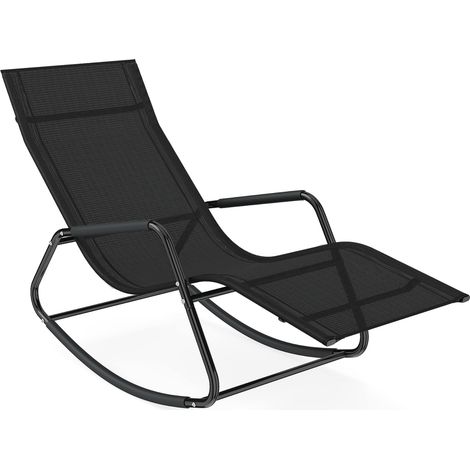 Chaise Longue en Tissu Respirant avec Cadre Métallique, Fauteuil à Bascule, Bain de Soleil 143 x 57 x 86 cm, Charge 160 kg pour Terrasse Noir (1/5)