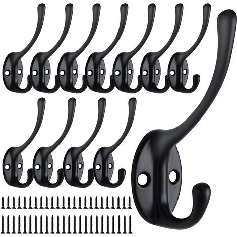 Juego de 12 ganchos de pared con tornillos para colgar ropa  Ganchos de pared dobles de metal negro estilo vintage (1/5)