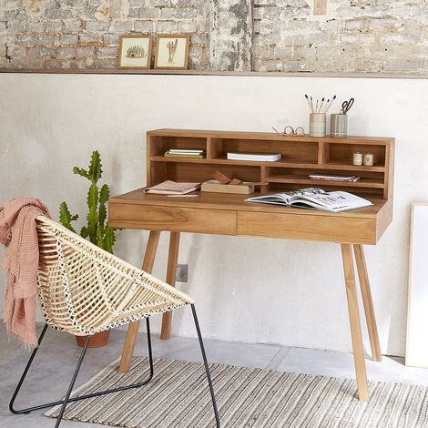 Bureau en bois teck massif 110 cm (1/5)