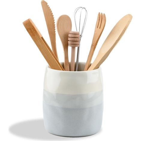 Pot Ustensiles Cuisine Ceramique, Porte Ustensile pour l’Organisation Du Comptoir, Rangement Couverts Cuisine, Porte Couvert pour Cuillères, Spatules et Vaisselle (S) (1/5)