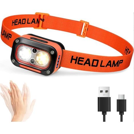 Lampe Frontale LED Ultra Puissante Rechargeable, Torche Frontales Lumière Blanche, Jaune, Rouge pour Casque de Chantier avec Détecteur de Mouvement, étanche pour Camping, Randonnée, Travail