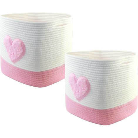 Cesta cuadrada de cuerda de algodón tejida , 28x28x28 cm, diseño de corazón rosa, para habitación infantil u oficina.