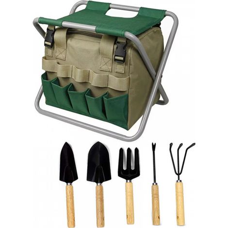 Tabouret de Jardin Pliable - Ensemble d'outils - Sac de Rangement avec Fermeture éclair - Comprend 5 Outils avec télécommande en Bois, Marron (1/4)