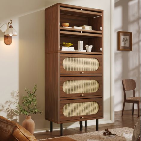 Credenza alta 80x40x163 cm noce in legno con ante a ribalta in rattan e gambe in metallo (1/5)
