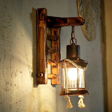 Applique Murale Vintage LEMROE Lampe Industrielle en Fer et Bambou, Éclairage Extérieur pour Mur, Projecteur de Lumière Décoratif (1/5)