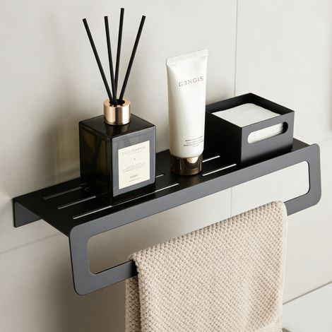 Mai & Mai Mensola da Parete Multifunzionale, Mensola per Doccia in Metallo con Portasciugamani Mensola da Appendere per Bagno o Cucina, Nero, Tavrin-04