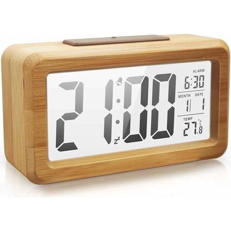 Réveil Numérique en Bois, Grand écran LED, Veilleuse à Capteur Intelligent, Fonction de Répétition et De Température, à Piles, Réveil Cuboïde pour Chambre, Chevet de Bureau (1/4)
