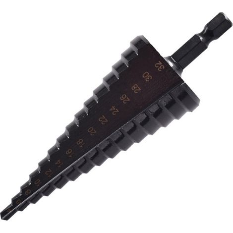 Juego de 4 brocas escalonadas de cobalto HSS, con recubrimiento de nitruro negro, para perforar paneles delgados de hierro, acero, PVC y madera. (1/3)