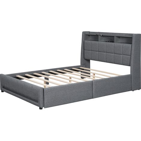 Cama canapé tapizada 140 x 200 cm de lino gris con LED APP, USB y cajones, sin colchón (1/5)