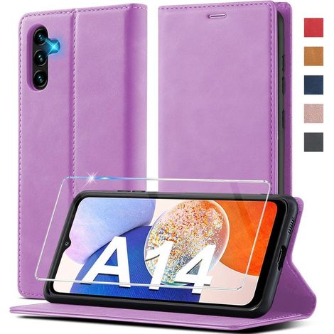 Coque portefeuille pour Samsung A14 5G/4G, cuir PU, avec béquille et porte-cartes, violet (1/5)