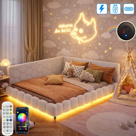 Lit d'enfant 140x200 cm avec sommier LED et charge USB Tpye-C, Lit 2 Personnes avec tête de lit, pour Filles garçons, tissu sherpa