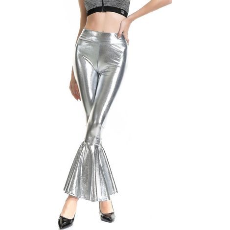 Damen-Schlaghose, Meerjungfrauenhose mit weitem Bein, Metallic-Hippiehose Xinmu-M-Silber