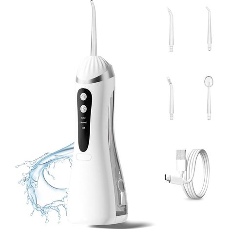 Jet Dentaire Hydropulseur Portable Sans Fil, 4 Buses 3 Modes USB Chargé Étanche IPX7, 200 ML, Dentaire Sans Fil Portable Water Flosser, ultra-fin de 0,6 mm, Pour La Maison et Les Voyages, Blanc (1/5)