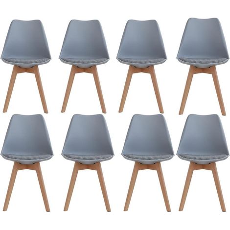 Esszimmerstuhl 8er-Set Grau mit Massivholzbeinen und gestreiftem Sitzkissen (1/5)