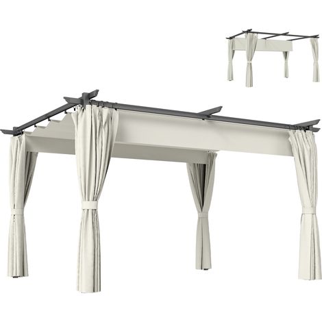 Pergola de jardin exterieur 3 x 4 m, toit rétractable et rideaux, anti-UV UPF30+, pour barbecue, patio, terrasse, crème (1/5)