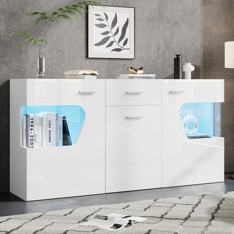 Buffet bas 140x33x70 cm avec LED via appli, 3 portes, 1 tiroir, 8 rangements, verre trempé, façade brillante, meuble salon et séjour - Blanc (1/5)