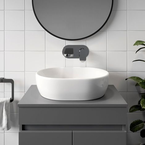 Bathroom Cloakroom Vanity Countertop Wash Basin Sink White Gloss Modern 480x350mm Oval Curved