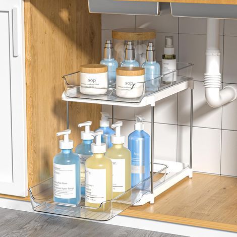 Organiseur de salle de bain polyvalent à 2 niveaux, organiseur coulissant sous l'évier avec séparateurs mobiles (1/5)