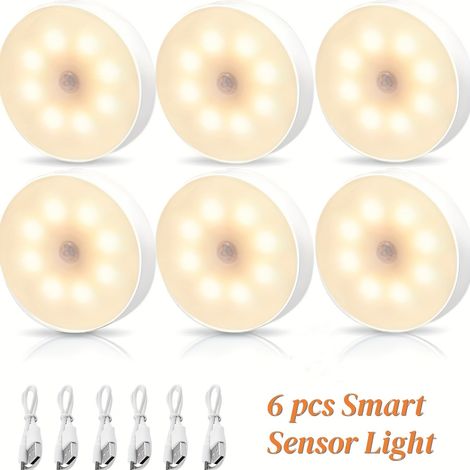6er-Pack 8 LEDs Induktions-Nachtlicht, Bewegungssensor-Nachtlicht, über USB wiederaufladbar, magnetische Adsorption, für Schränke, Schlafzimmer, Treppen, Küchen, Warmweiß