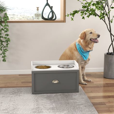 Set de gamelles surélevées pour chien en acier inoxydable et bois gris avec tiroir, 60x30x36cm (1/5)