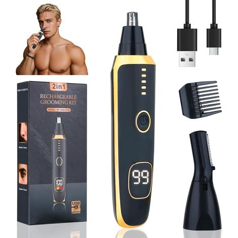 Nose and Ear Trimmer 2 in 1 with LED Display, Painless USB C Rechargeable Nose Trimmer for Women and Men, Nose Hair Trimmer, Ear, Eyebrow and Face Hair Trimmer, Easy to Clean (Black) (1/5)