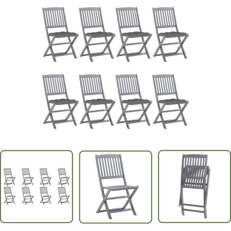 The Living Store Chaises pliables d'extérieur lot de 8 et coussins Bois d'acacia - Chaise De Jardin - Mobilier De Jardin - Chaises Pliables - Acacia - Terrasse