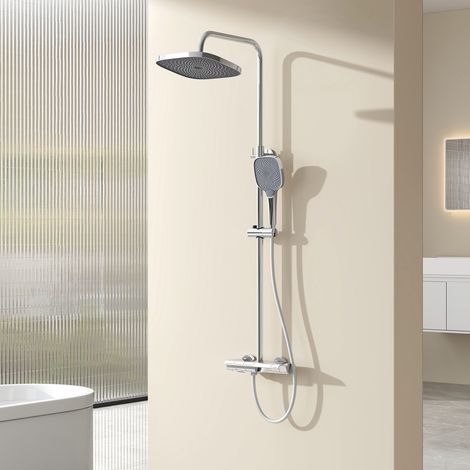 EMKE Duschsystem mit Thermosta 25cm Ablage 26cm Regendusche mit 3-Funktionen Handbrause Kindersicherung für kleine Bäder Chrom