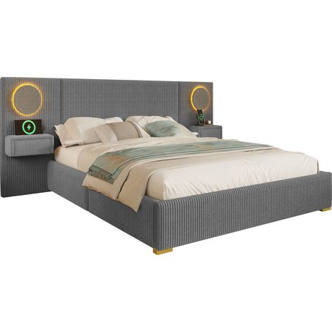 CHICFURN Cama 180x200 cm de terciopelo gris con cabecero LED, USB y cajones (1/5)