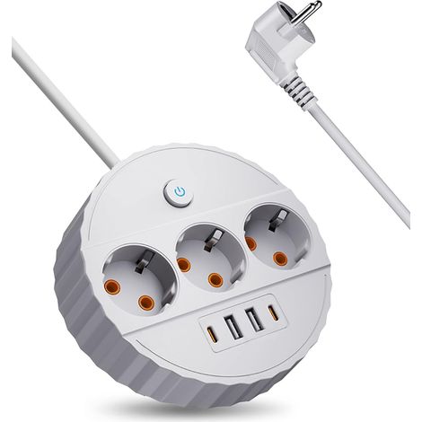 JSSEVN-3-fach Steckdosenleiste mit 4 USB-Ladeanschlüssen, dreidimensionales, abgewinkeltes Kreisdesign, 1,8 m Kabel, weiß (1/5)