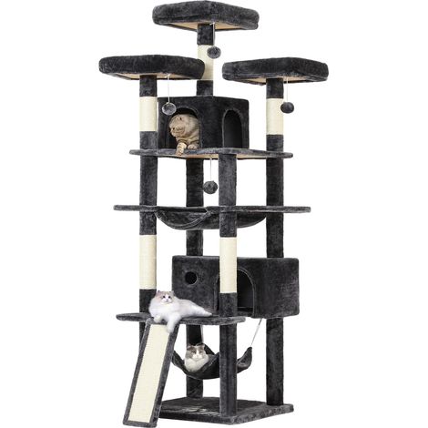 Arbre à chat XXL 194 cm – 3 plate-formes, 2 niches, 2 hamacs, 1 planche à gratter – Poteaux en sisal – Montage au sol – Gris foncé (1/5)