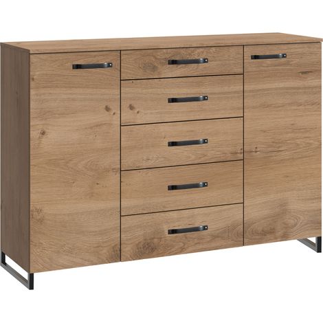 Commode combinée Imitation chêne poutre rechampis raw steel - L162 x H102 x P41 cm -PEGANE-