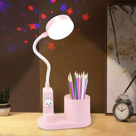 Lampe de Bureau Enfant avec Projecteur,Lampe de Table Détude avec Porte-Stylo,Lampe A Poser LED Rechargeable Dimmable Sans Fil,Rose (1/4)
