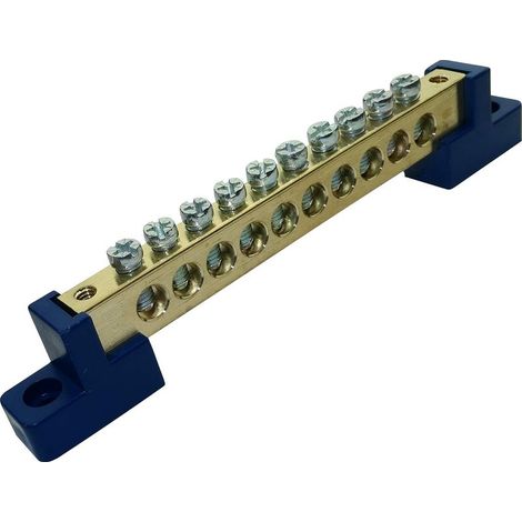 Bornier de Répartition Non Isolé pour Tableau Eléctrique - Neutre 10PIN - Raccordement - 110mm - Connecteur de Fil Electrique - Couleur Bleu/Laiton (1/2)