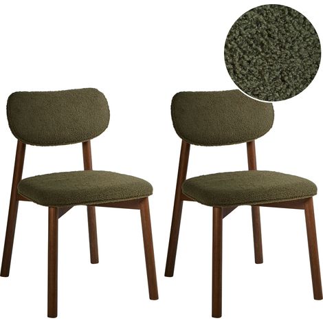 Conjunto de 2 sillas de comedor estructura de madera de caucho asiento y respaldo acolchado de bouclé comedor cocina marrón oscuro y verde Mills
