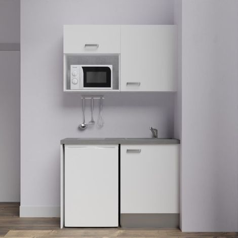 Kitchenette K07L-PT - 120 cm avec plan de travail et évier, emplacements frigo et micro-ondes - Façade Blanc - Plan Gris béton - Evier Inox - Crédences Non