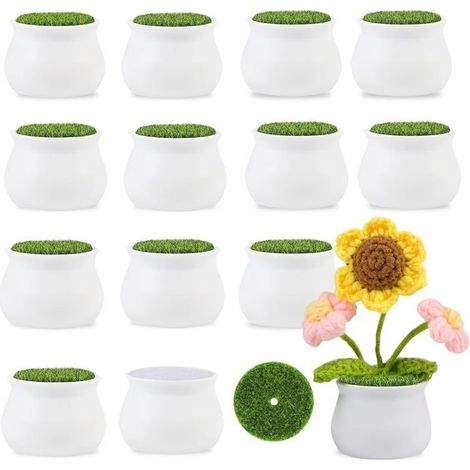 Lot de 12 Petits Pots Blancs 5cm avec Mousse et Gazon Simulé Pour Fleurs Crochet Plantes Tricot DIY Décoration Bureau Maison (1/4)