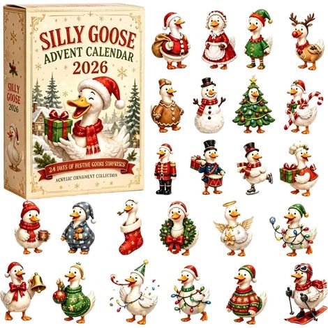 Adventskalender 2026 Gans – 24-teilig – weiß, rot, grün – Acryl – 6 cm groß – 2D-Gänse-Anhänger – Christbaumschmuck – Weihnachtsüberraschung – geeignet für Tierliebhaber und als Weihnachtsdekoration (1/5)